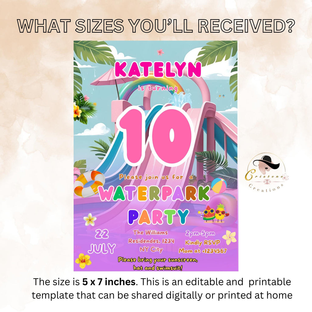 Digital Waterpark Birthday invitation Waterslide girl birthday, Pink purple pool party invite, 10th birthday water party Editable template