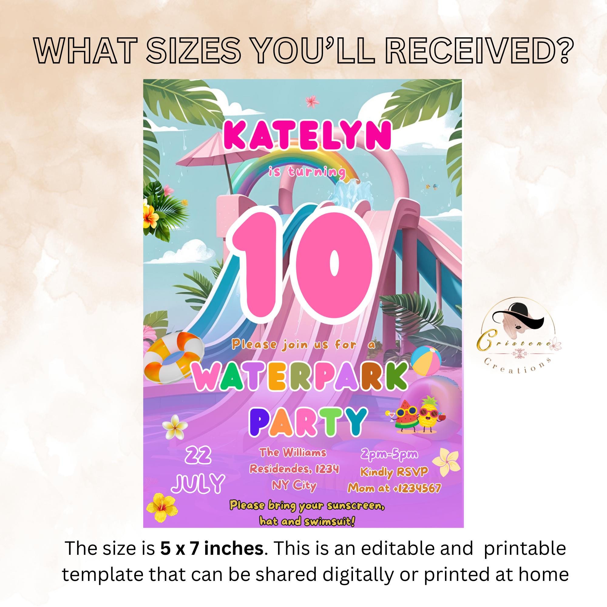 Digital Waterpark Birthday invitation Waterslide girl birthday, Pink purple pool party invite, 10th birthday water party Editable template