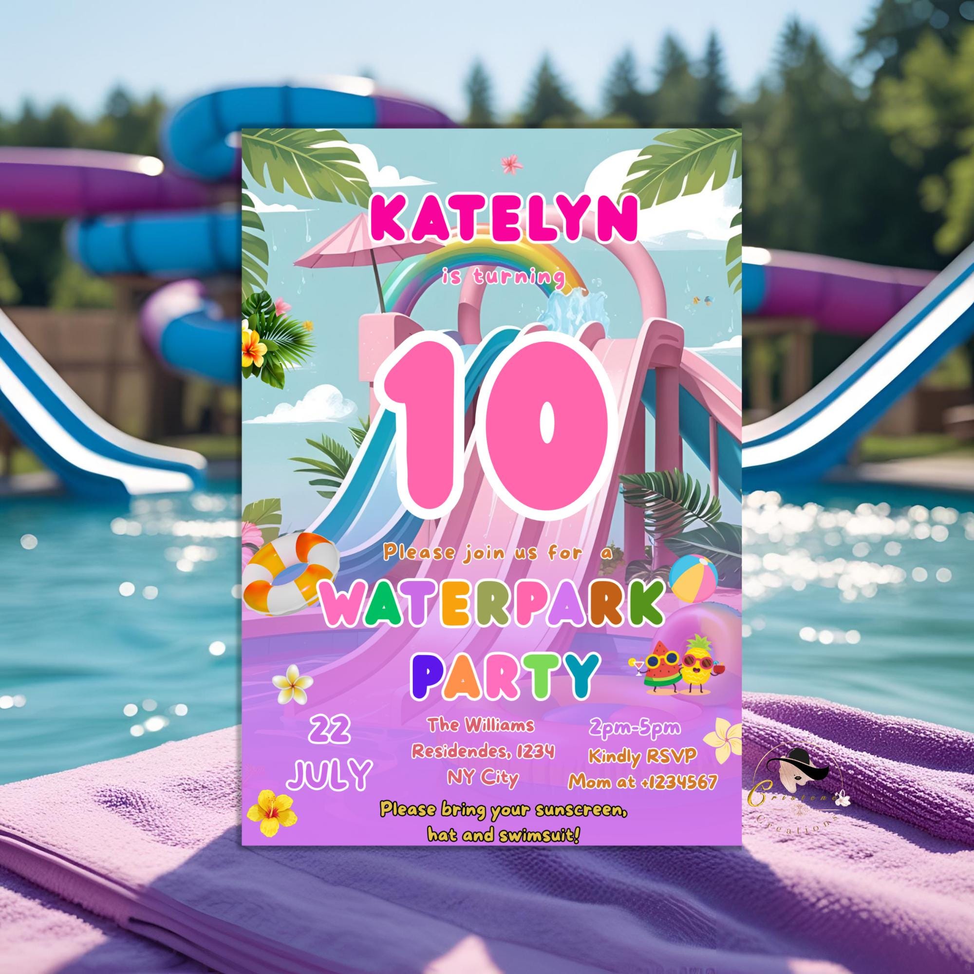 Digital Waterpark Birthday invitation Waterslide girl birthday, Pink purple pool party invite, 10th birthday water party Editable template