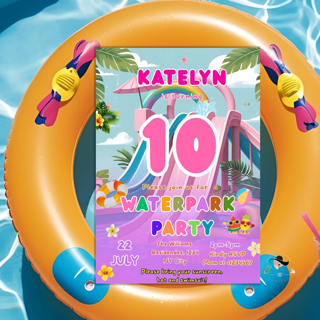 Digital Waterpark Birthday invitation Waterslide girl birthday, Pink purple pool party invite, 10th birthday water party Editable template