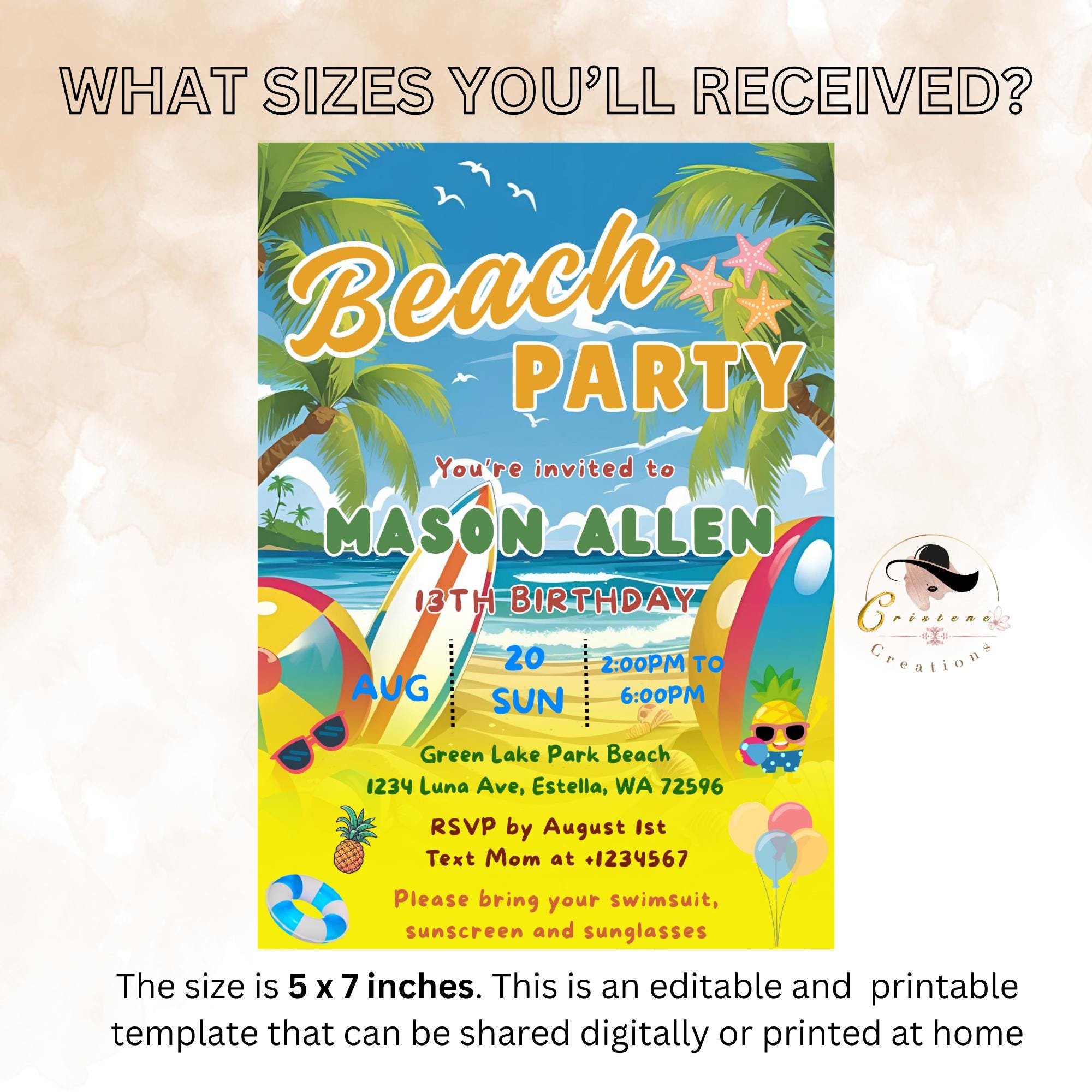 Editable Beach birthday invitation boy Beach themed party Surfs up birthday invite Kids summer birthday card Aloha tropical party invitation