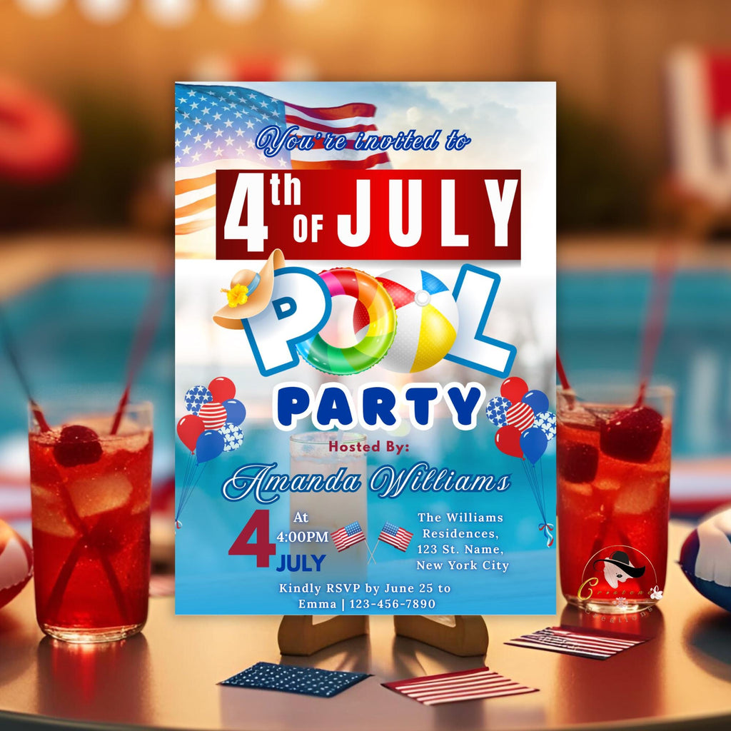 4th of July Pool Party invitation, Patriotic USA Independence day Fourth of July Summer Party Invite, July 4th BBQ Pool party flyer template
