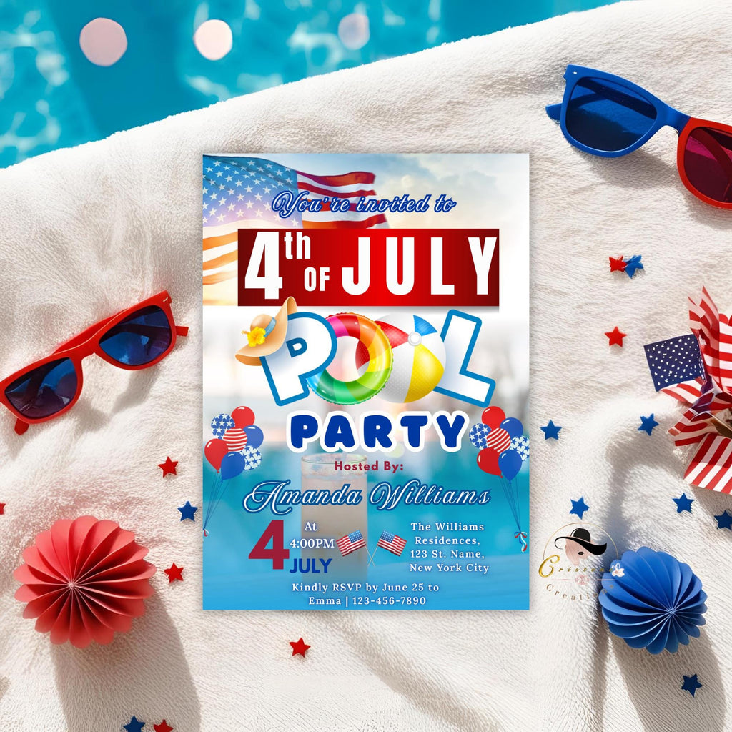 4th of July Pool Party invitation, Patriotic USA Independence day Fourth of July Summer Party Invite, July 4th BBQ Pool party flyer template