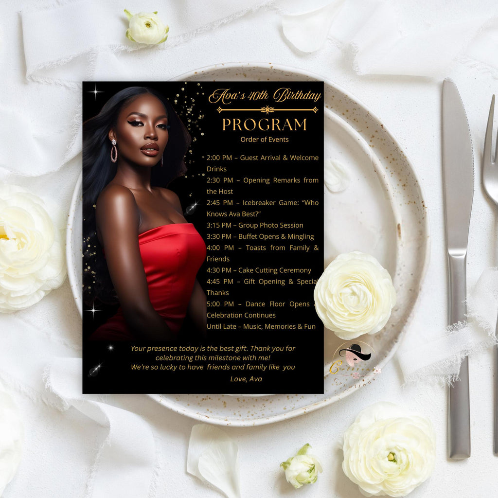 Black gold Program Template, Birthday Party program Bifold Formal event programme Elegant Retirement program schedule Digital Printable card