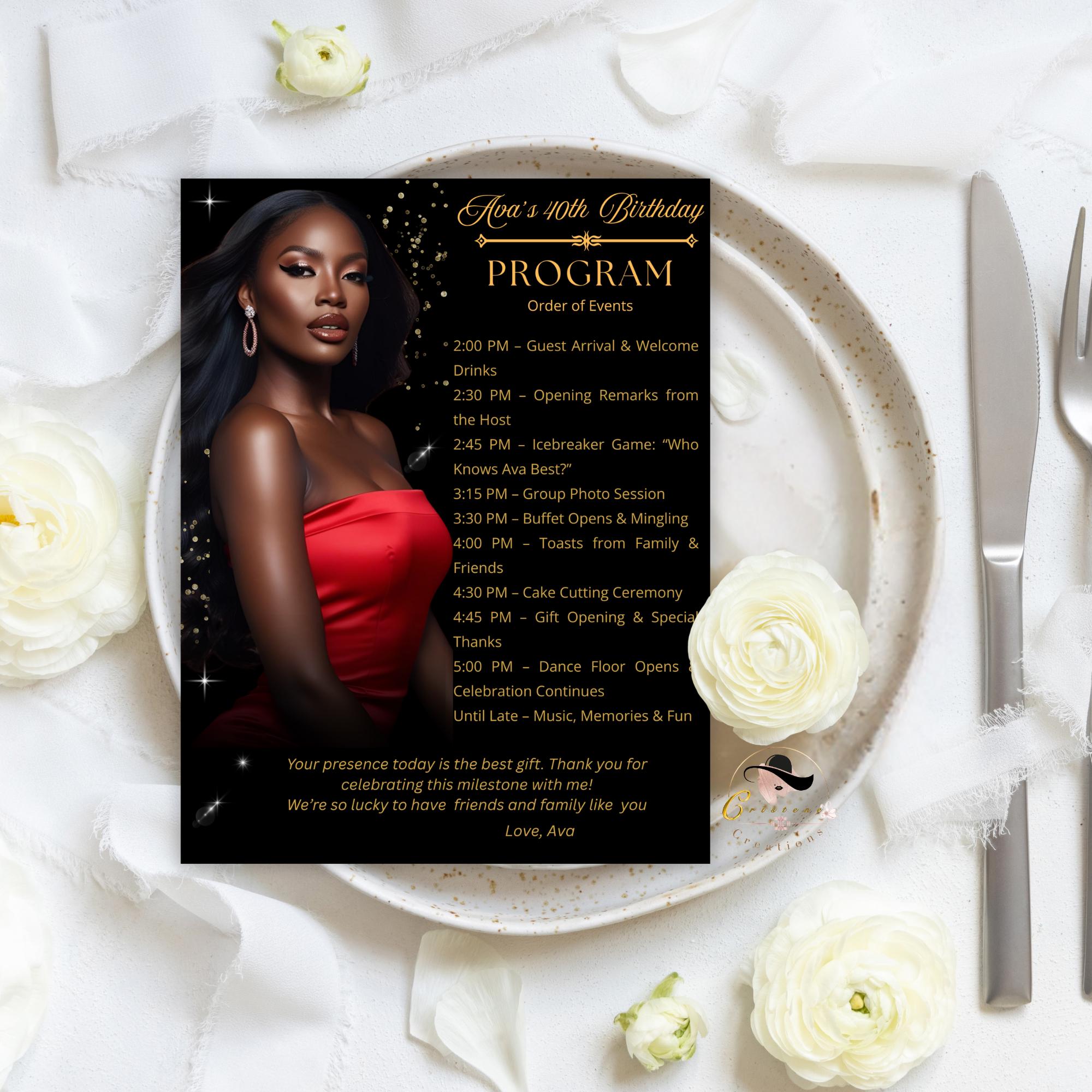 Black gold Program Template, Birthday Party program Bifold Formal event programme Elegant Retirement program schedule Digital Printable card
