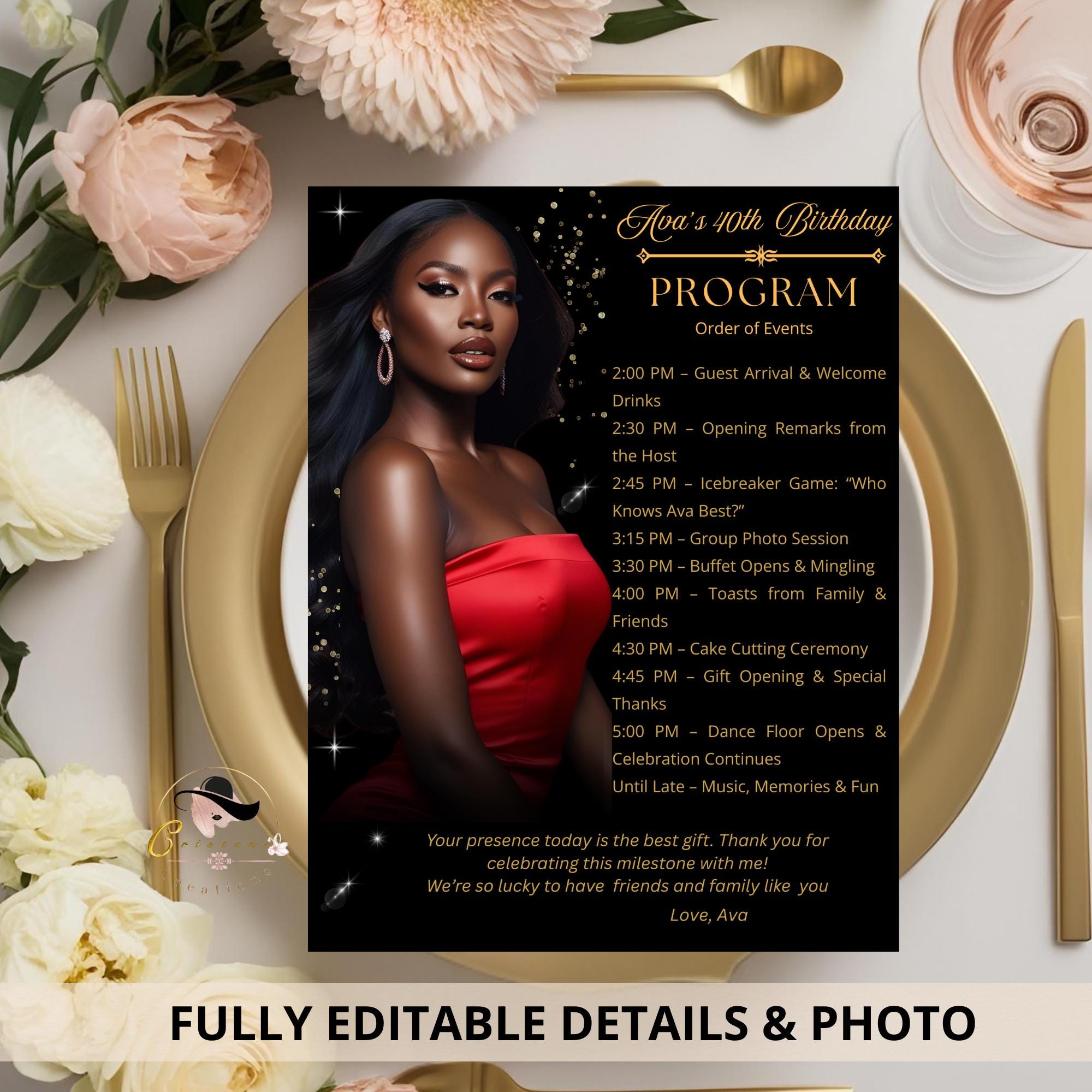 Black gold Program Template, Birthday Party program Bifold Formal event programme Elegant Retirement program schedule Digital Printable card