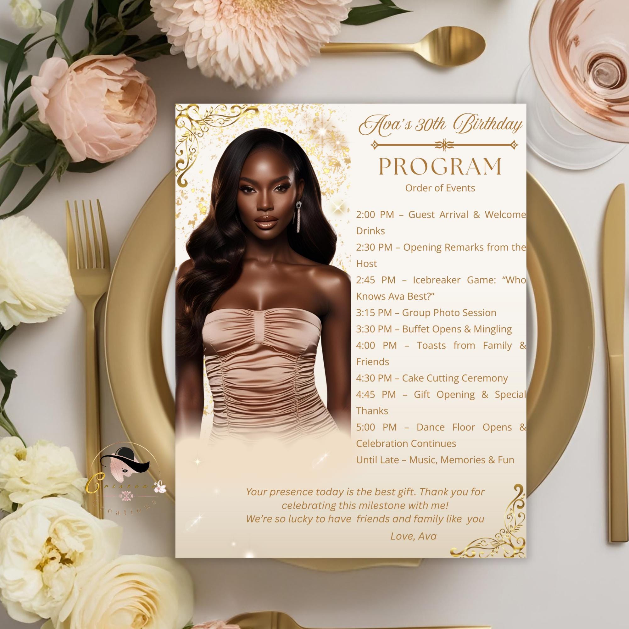 Birthday Party Program Template Bifold Event programme, Elegant Anniversary program card printable, White gold ceremony program with picture
