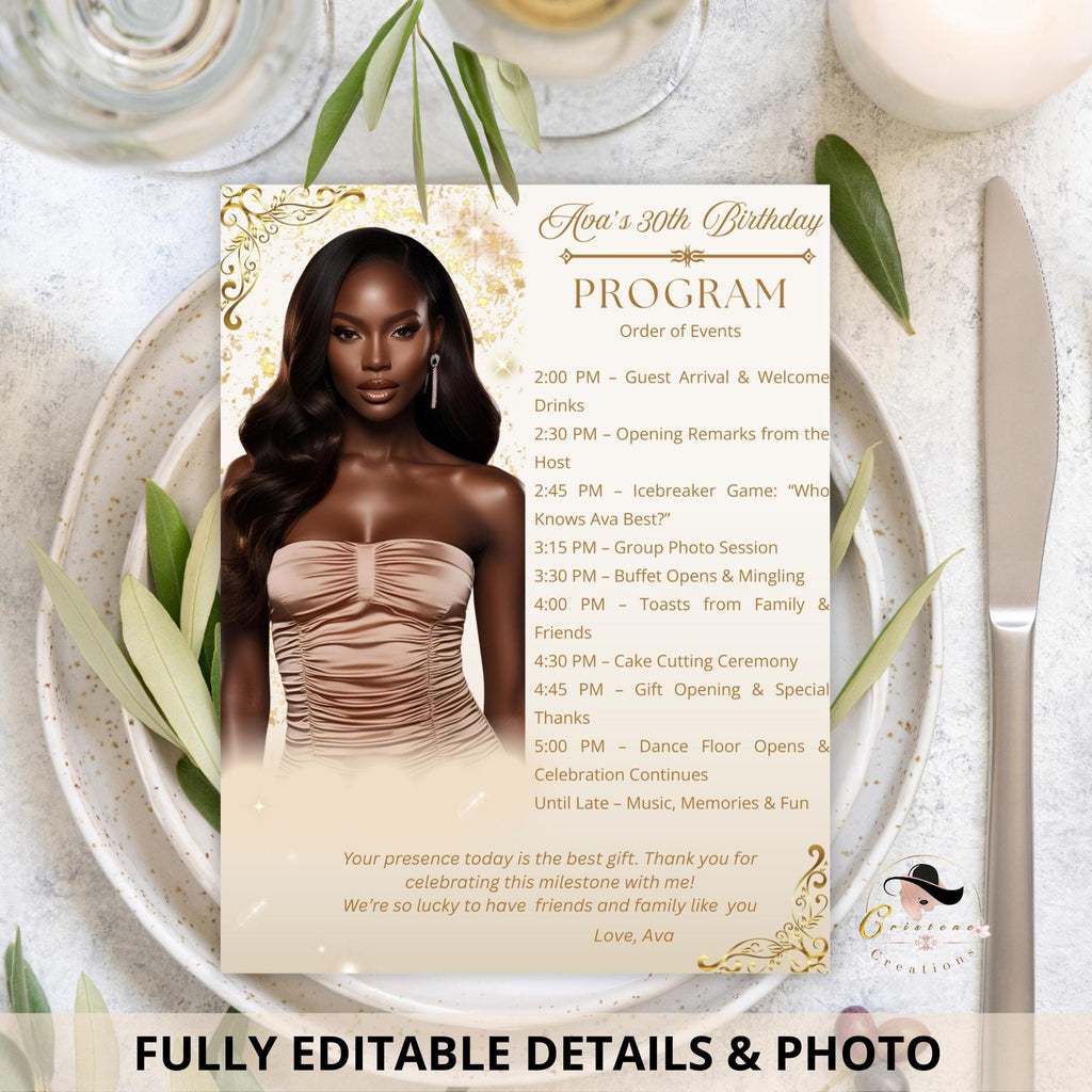 Birthday Party Program Template Bifold Event programme, Elegant Anniversary program card printable, White gold ceremony program with picture