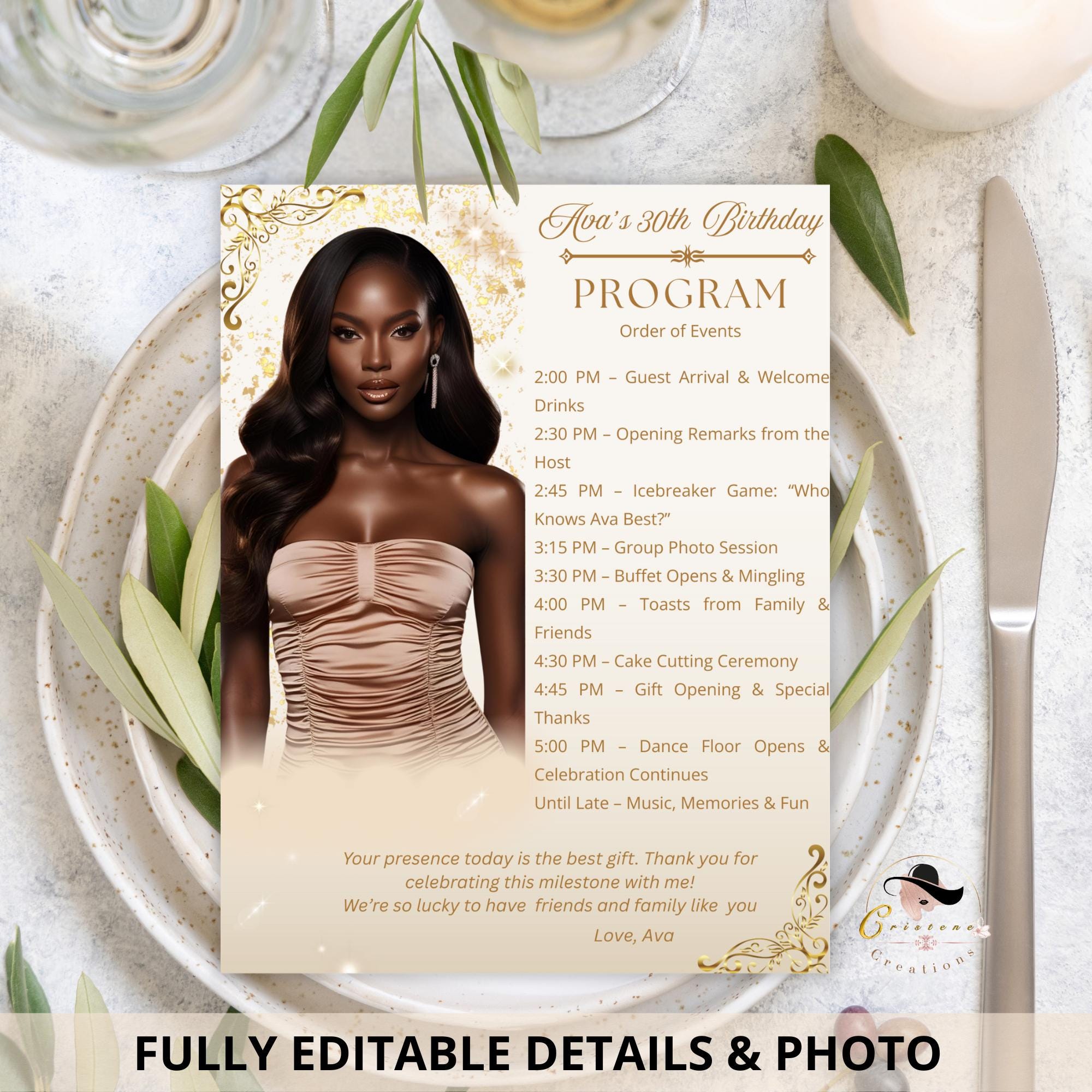 Birthday Party Program Template Bifold Event programme, Elegant Anniversary program card printable, White gold ceremony program with picture