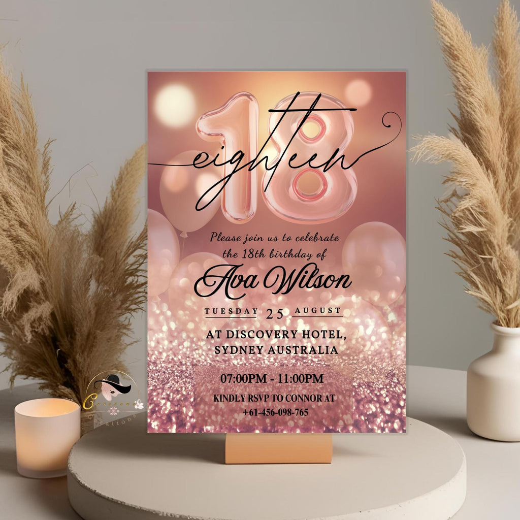 Digital 18th Birthday invitation Pink rose gold 18th birthday dinner invite, Girl 18th debutante invitation card printable Editable template