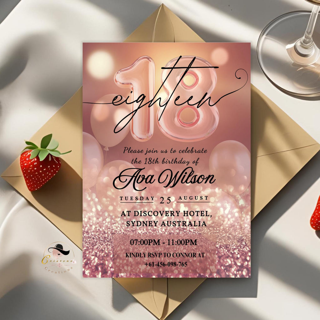Digital 18th Birthday invitation Pink rose gold 18th birthday dinner invite, Girl 18th debutante invitation card printable Editable template