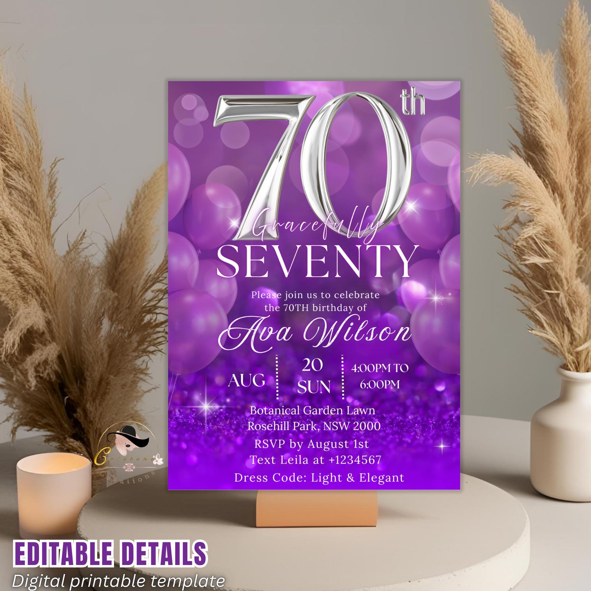 Digital 70th Birthday invitation Purple 70th birthday dinner, Seventieth printable cards Elegant party invite, Seventy and fabulous template