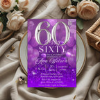 Digital 60th Birthday invitation women Purple silver 60th birthday cards for sixty year old grandma 60th birthday dinner party invite