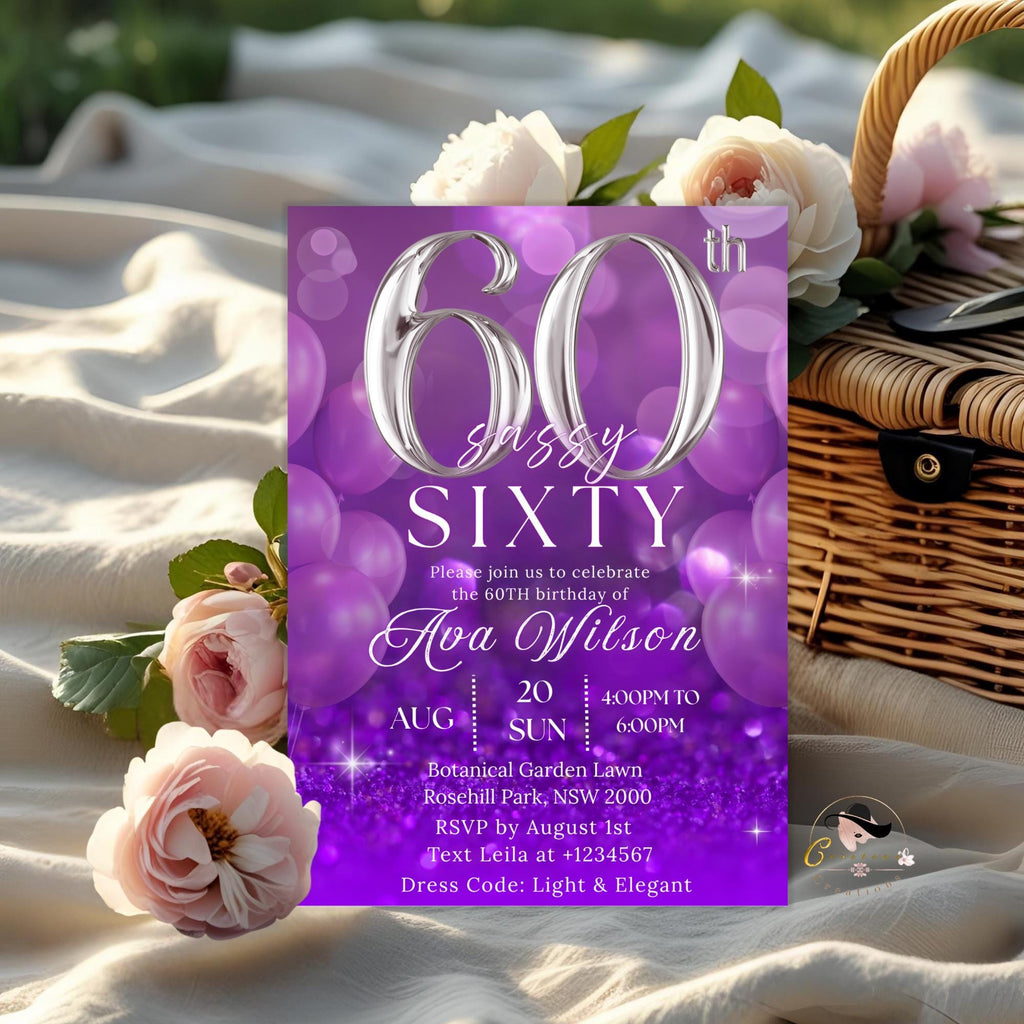 Digital 60th Birthday invitation women Purple silver 60th birthday cards for sixty year old grandma 60th birthday dinner party invite