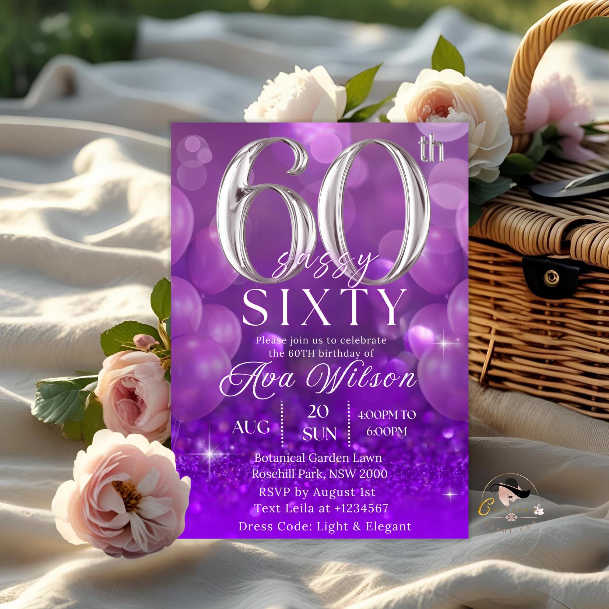 Digital 60th Birthday invitation women Purple silver 60th birthday cards for sixty year old grandma 60th birthday dinner party invite