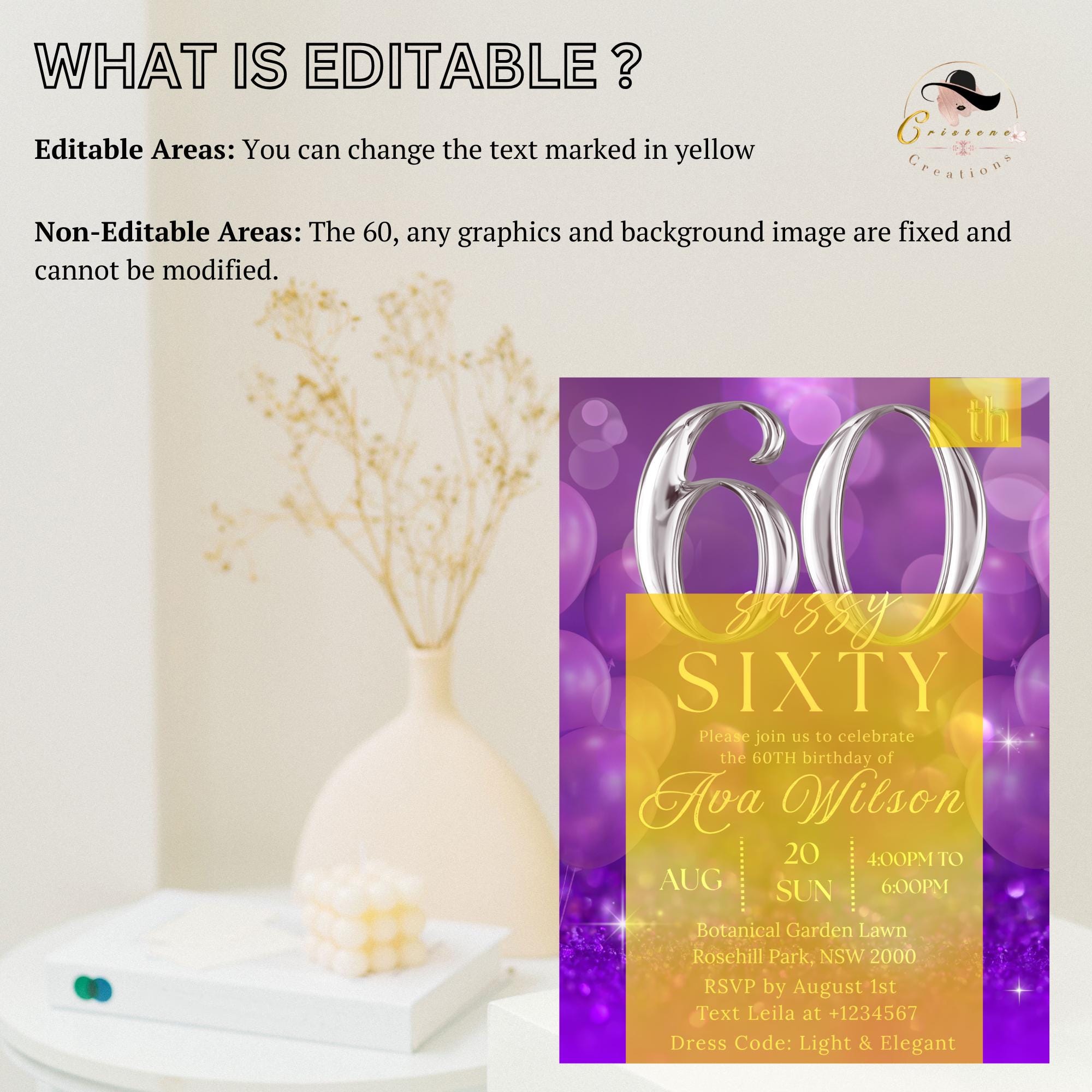 Digital 60th Birthday invitation women Purple silver 60th birthday cards for sixty year old grandma 60th birthday dinner party invite