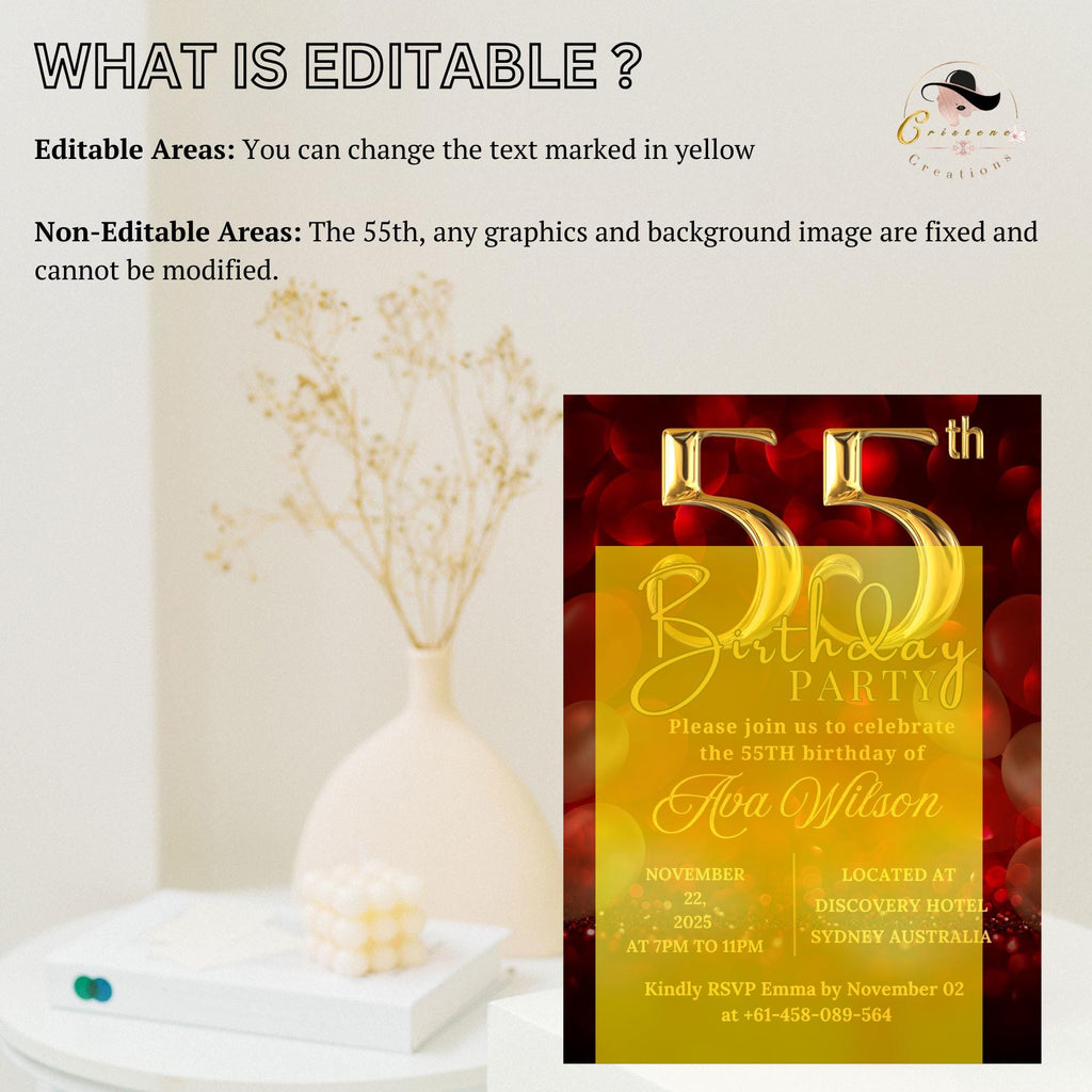 Digital 55th Birthday invitation women Red Gold 55th birthday party card 55 and fabulous Dinner invite Cheers to 55 years Printable template