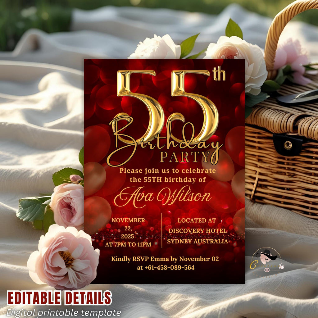 Digital 55th Birthday invitation women Red Gold 55th birthday party card 55 and fabulous Dinner invite Cheers to 55 years Printable template