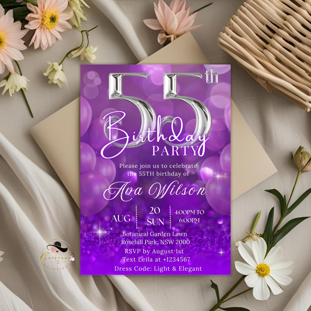 55th Birthday invitation women Purple Digital 55th birthday party card 55 and fabulous dinner invite Cheers to 55 years Printable Template
