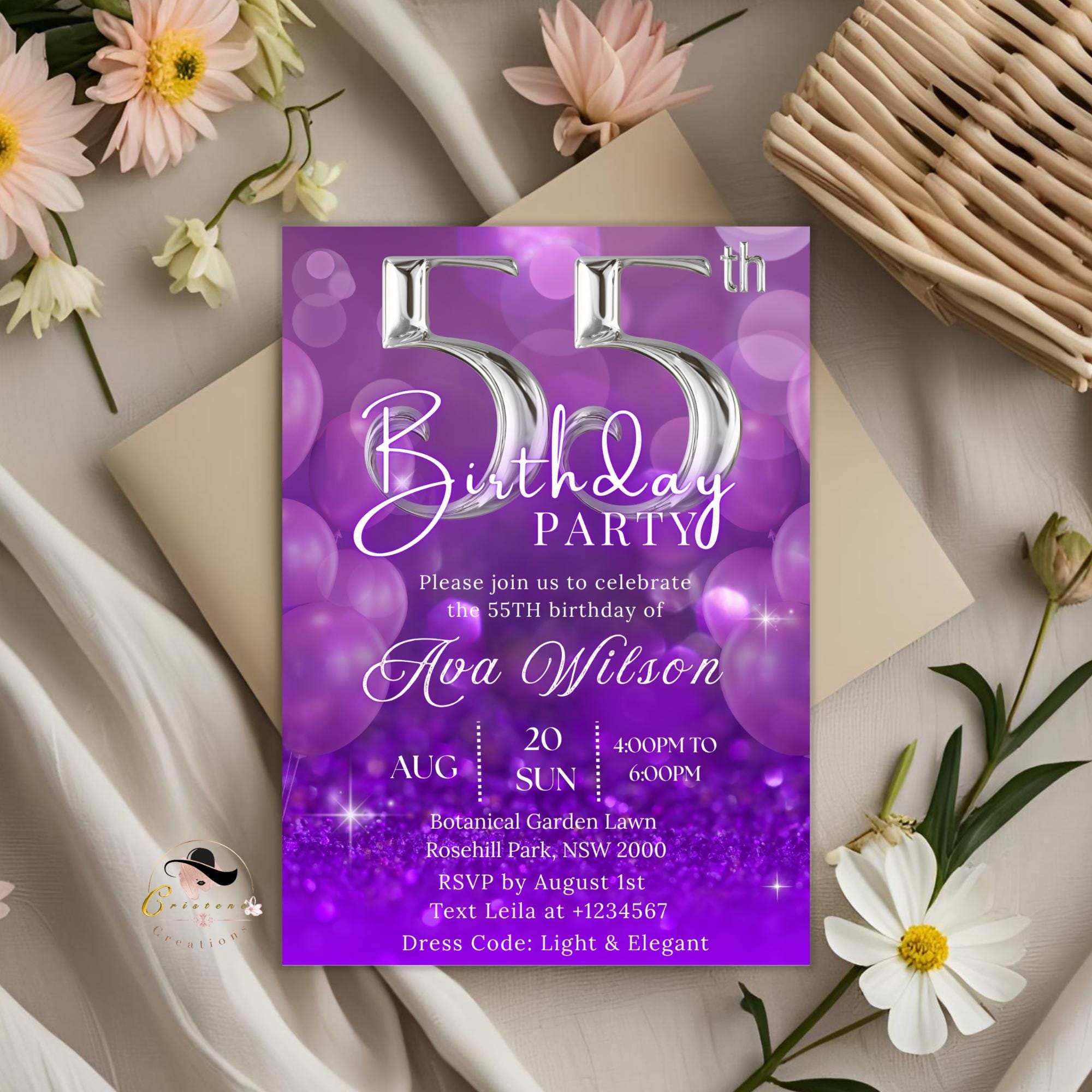 55th Birthday invitation women Purple Digital 55th birthday party card 55 and fabulous dinner invite Cheers to 55 years Printable Template