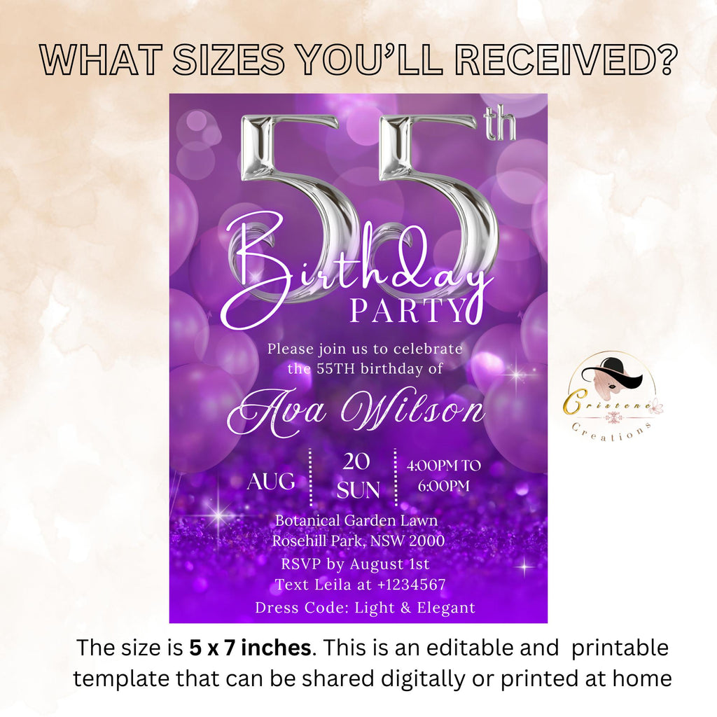 55th Birthday invitation women Purple Digital 55th birthday party card 55 and fabulous dinner invite Cheers to 55 years Printable Template