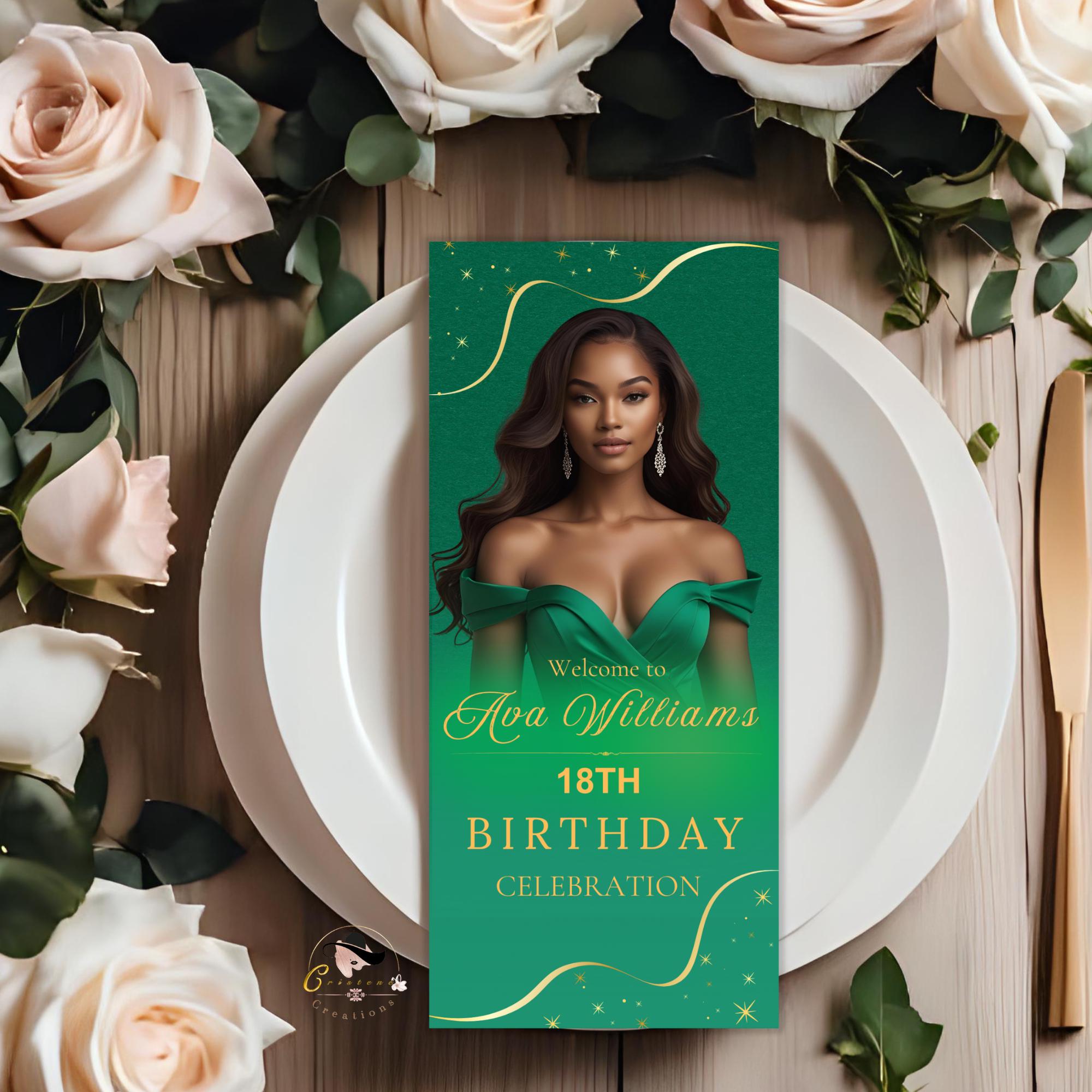 Editable Birthday Program template Green, Retirement Program party, Photo Anniversary Program, Printable Gold Event programme card 80th 60th