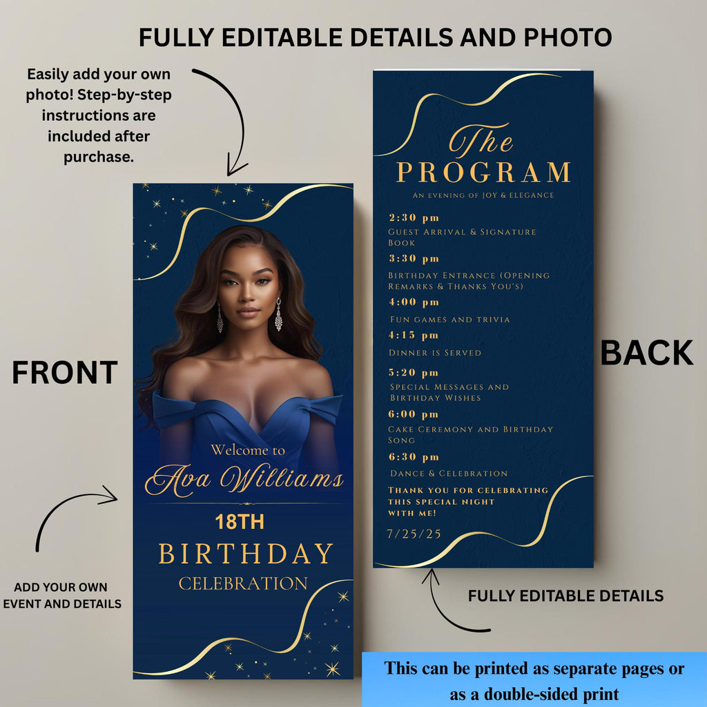 Birthday Program template Navy Blue Program card wedding Event Programme, Retirement Party program design with picture Anniversary program