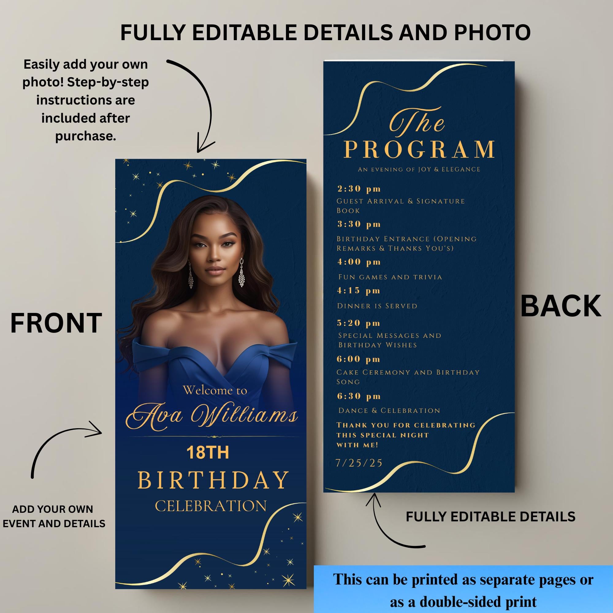 Birthday Program template Navy Blue Program card wedding Event Programme, Retirement Party program design with picture Anniversary program