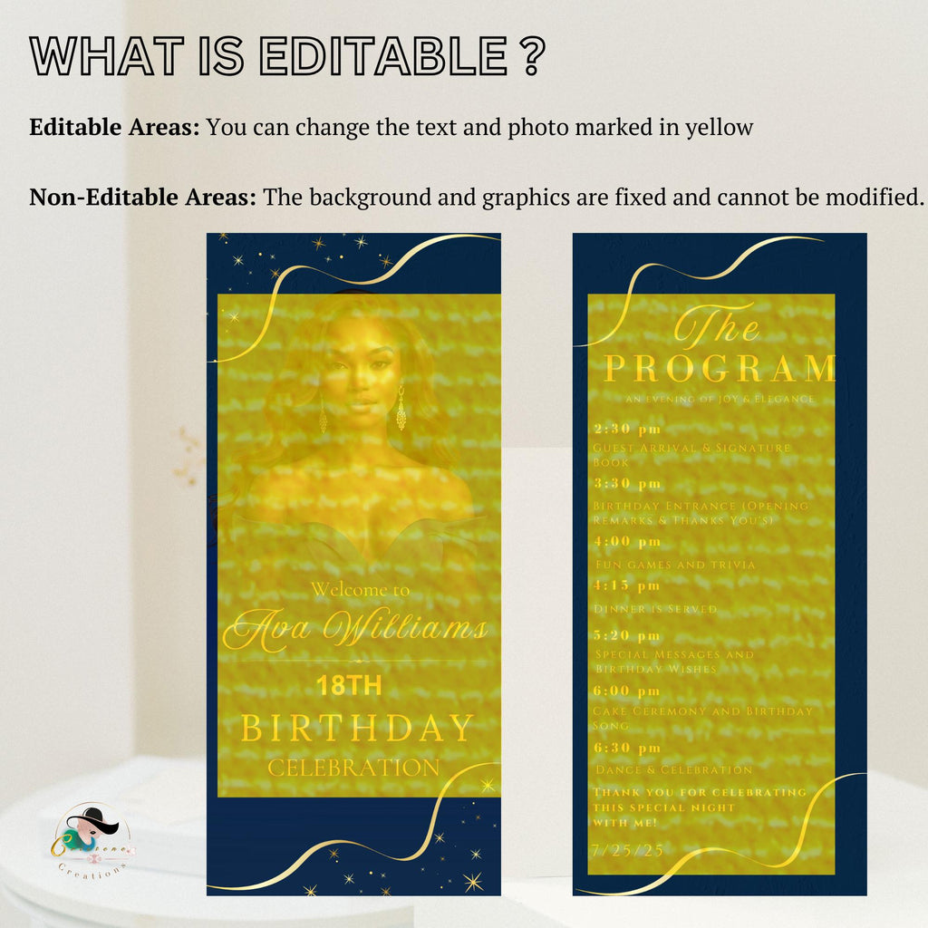 Birthday Program template Navy Blue Program card wedding Event Programme, Retirement Party program design with picture Anniversary program
