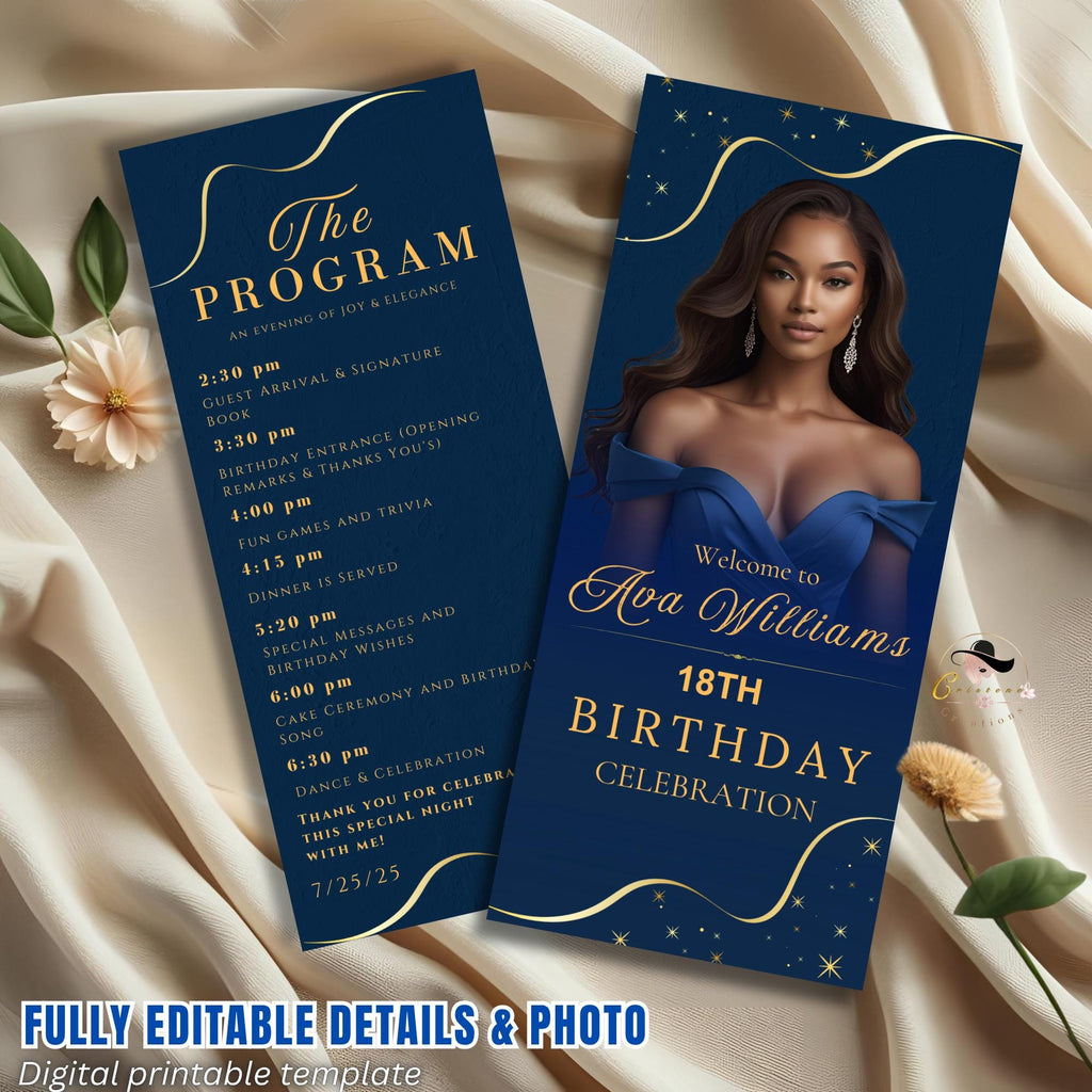 Birthday Program template Navy Blue Program card wedding Event Programme, Retirement Party program design with picture Anniversary program
