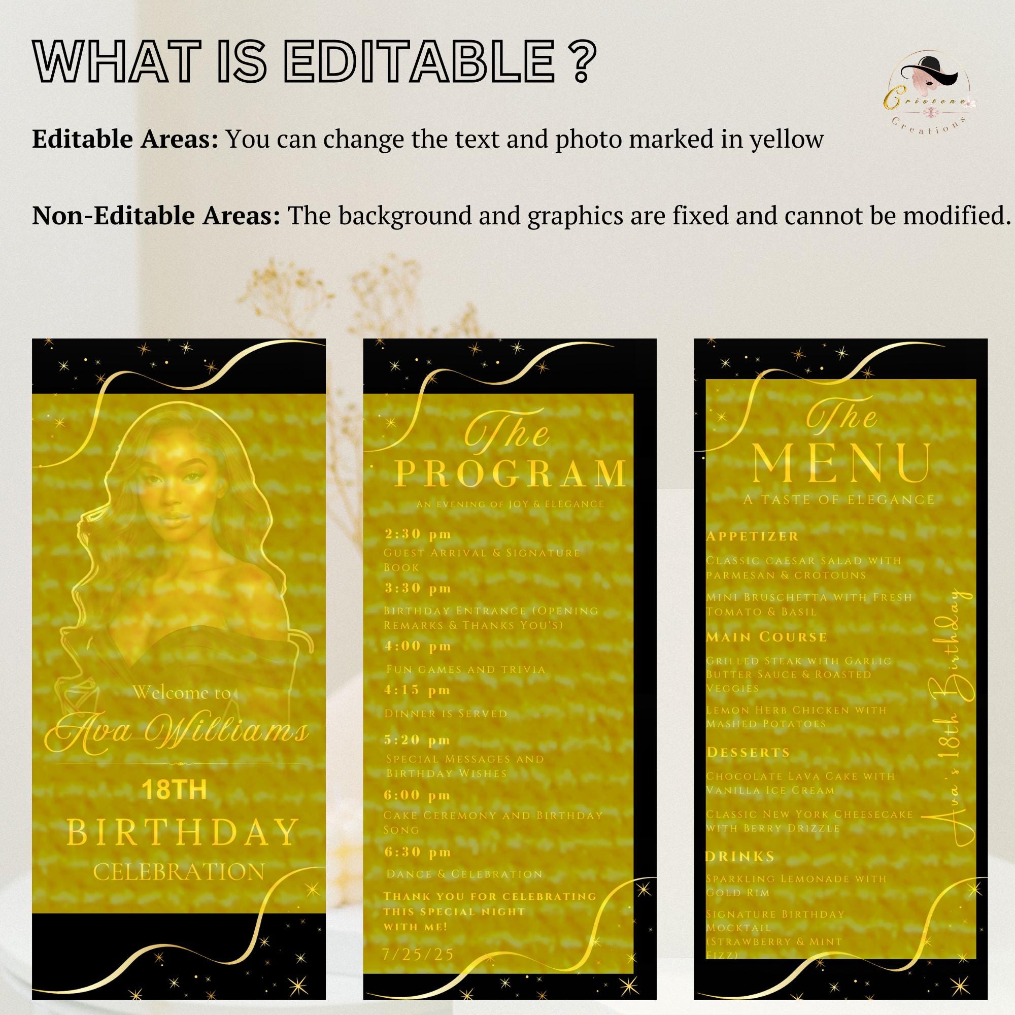 Editable Menu and Program Template Black gold Birthday menu with picture Dinner Menu card printable, Anniversary program party trifold menu