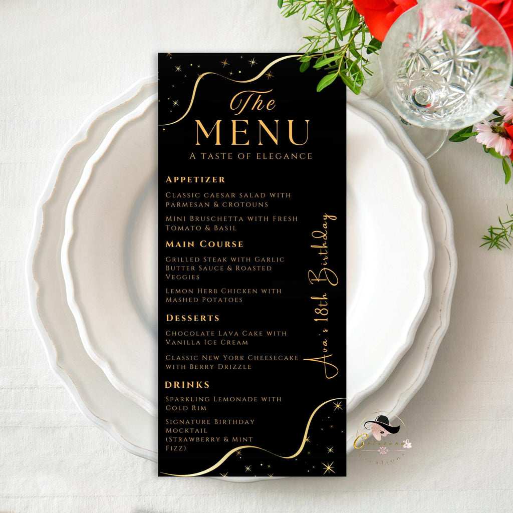 Editable Menu and Program Template Black gold Birthday menu with picture Dinner Menu card printable, Anniversary program party trifold menu