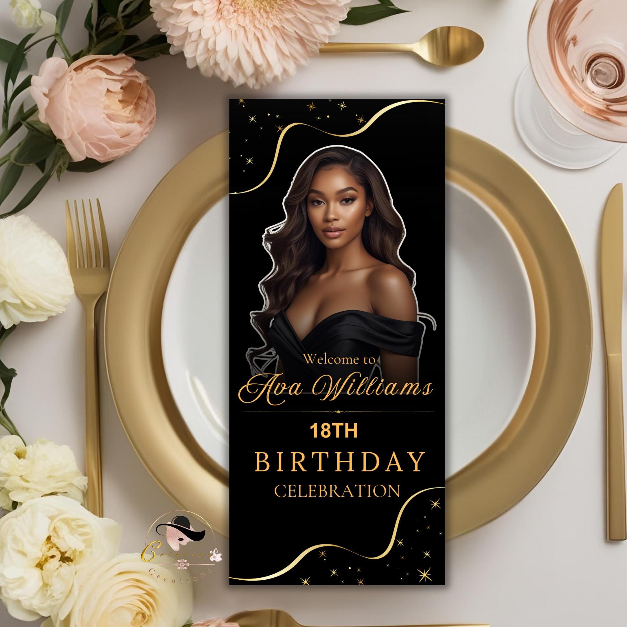Editable Menu and Program Template Black gold Birthday menu with picture Dinner Menu card printable, Anniversary program party trifold menu