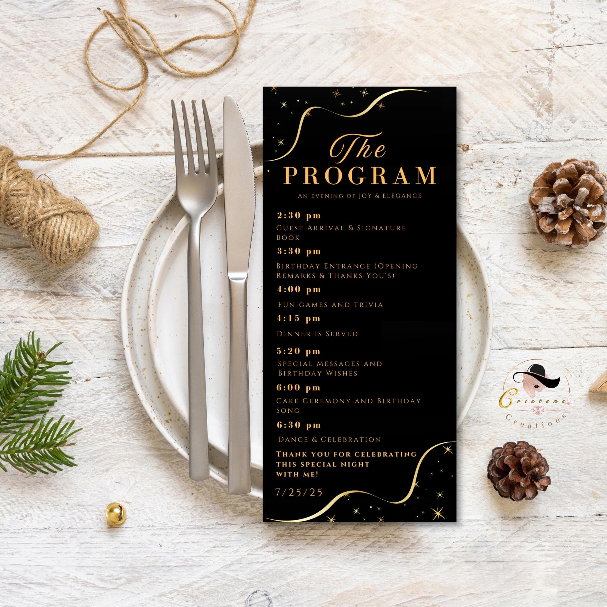 Editable Menu and Program Template Black gold Birthday menu with picture Dinner Menu card printable, Anniversary program party trifold menu