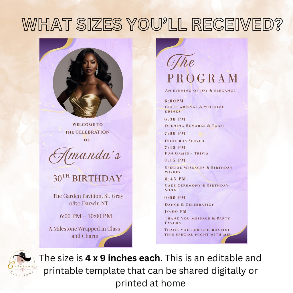 Editable Program card template, Purple Birthday party program, Formal event programme Retirement schedule program Printable card with photo