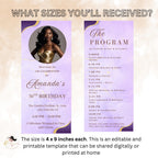 Editable Program card template, Purple Birthday party program, Formal event programme Retirement schedule program Printable card with photo