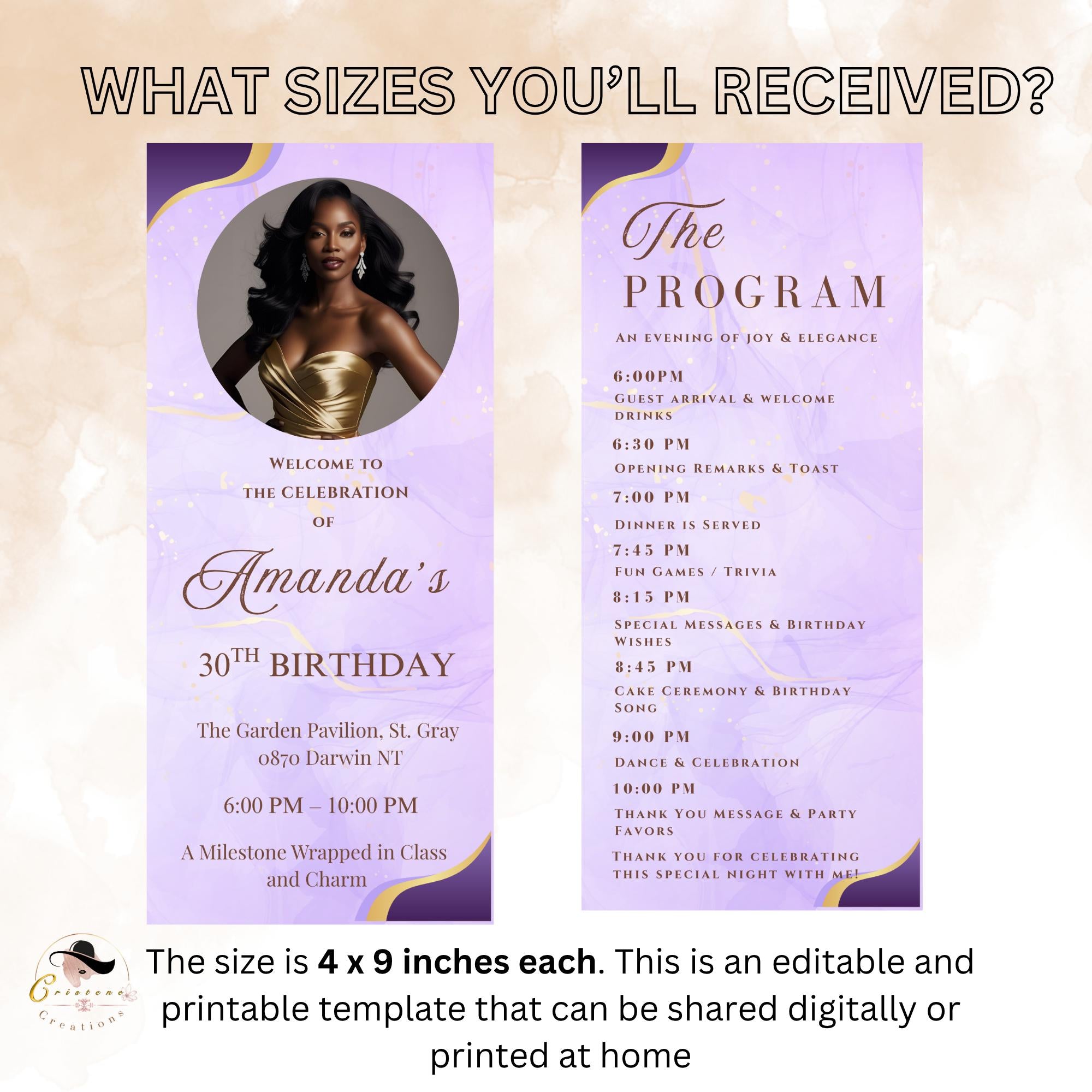 Editable Program card template, Purple Birthday party program, Formal event programme Retirement schedule program Printable card with photo