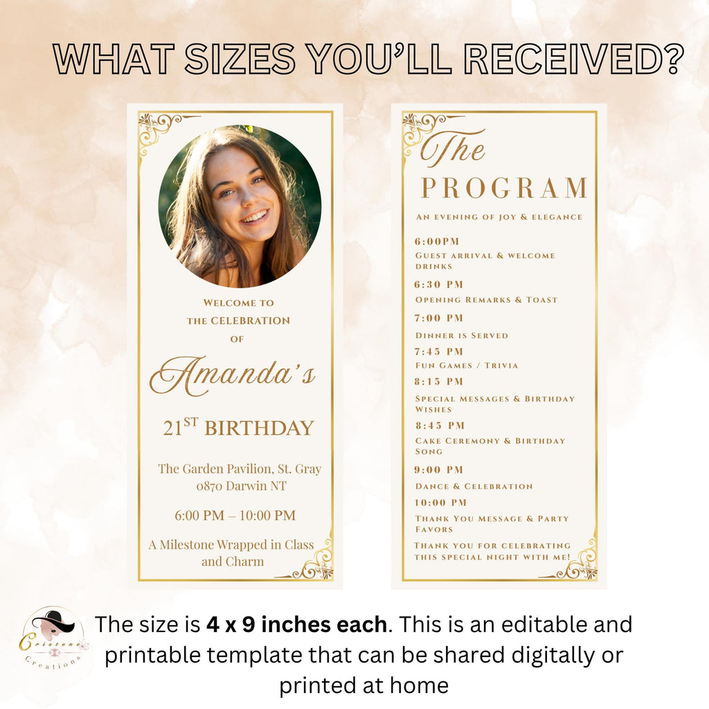 White gold Program card template Birthday dinner party program, Elegant Anniversary program Formal event programme printable card with photo