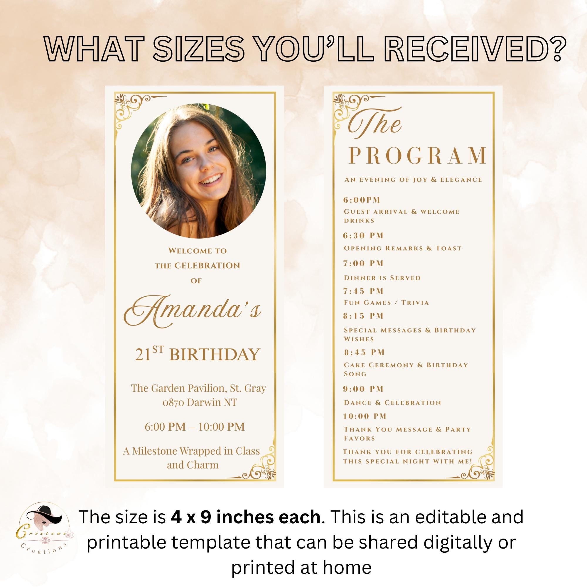 White gold Program card template Birthday dinner party program, Elegant Anniversary program Formal event programme printable card with photo