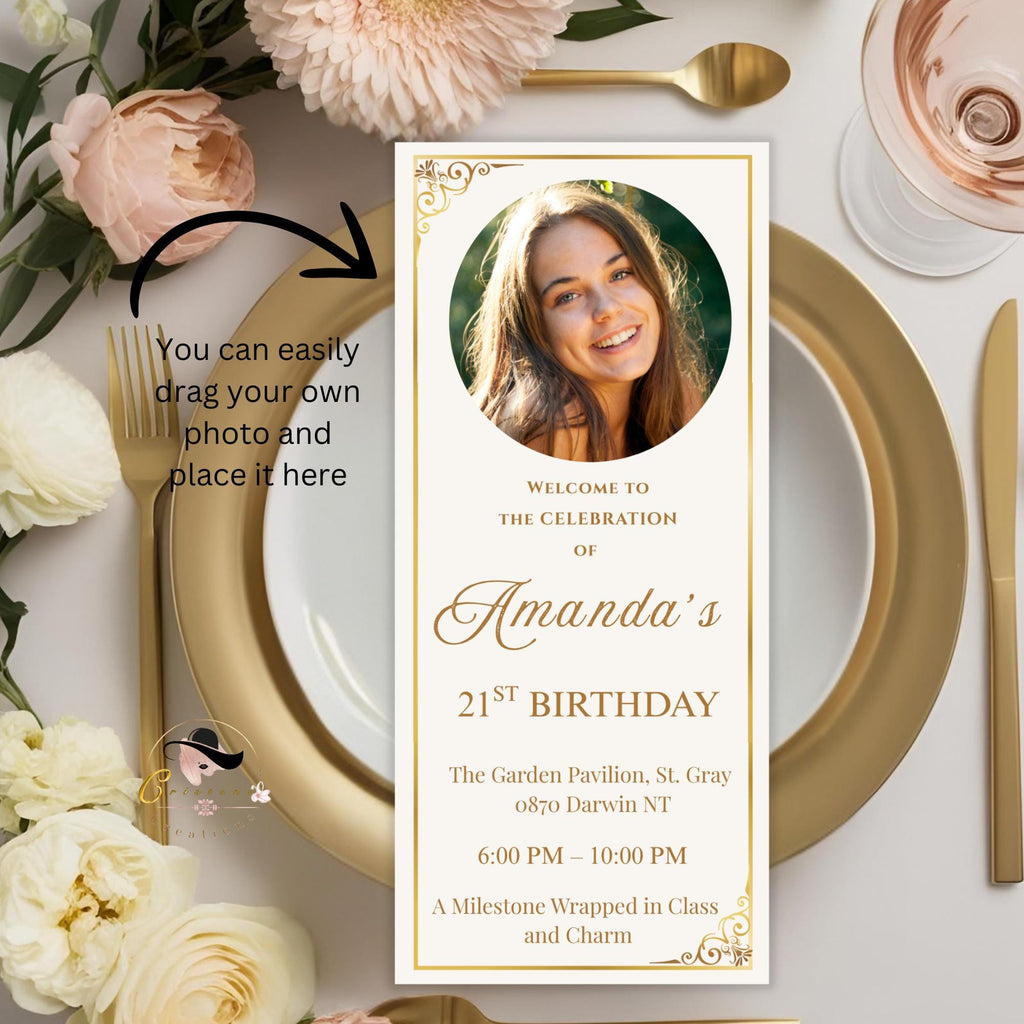 White gold Program card template Birthday dinner party program, Elegant Anniversary program Formal event programme printable card with photo