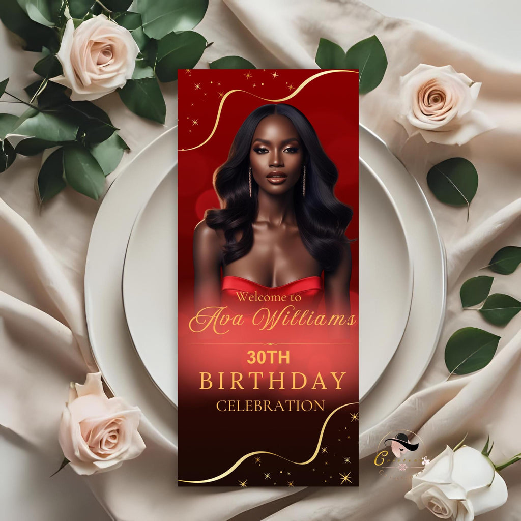 Editable Birthday Dinner Menu and Drinks template Red gold Menu card with picture Elegant party menu Printable Brunch Anniversary Menu Drink