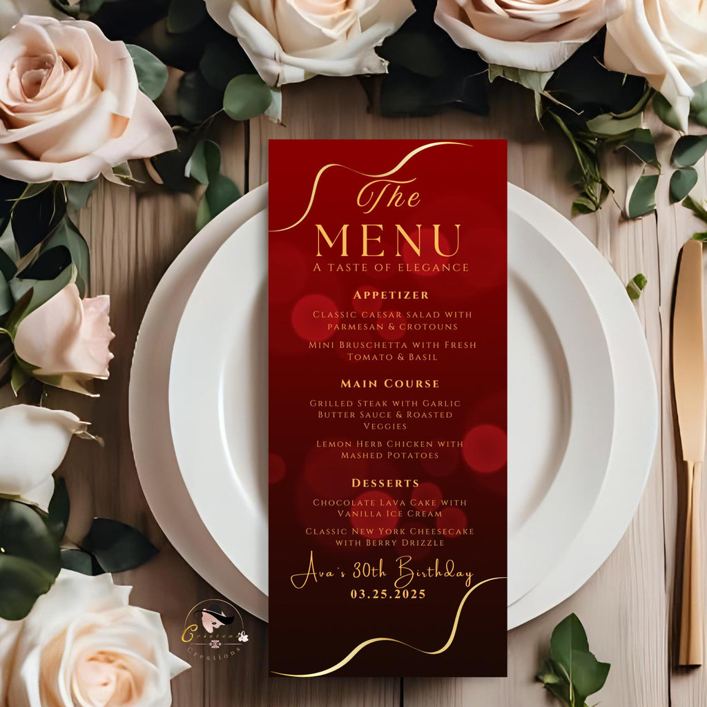 Editable Birthday Dinner Menu and Drinks template Red gold Menu card with picture Elegant party menu Printable Brunch Anniversary Menu Drink