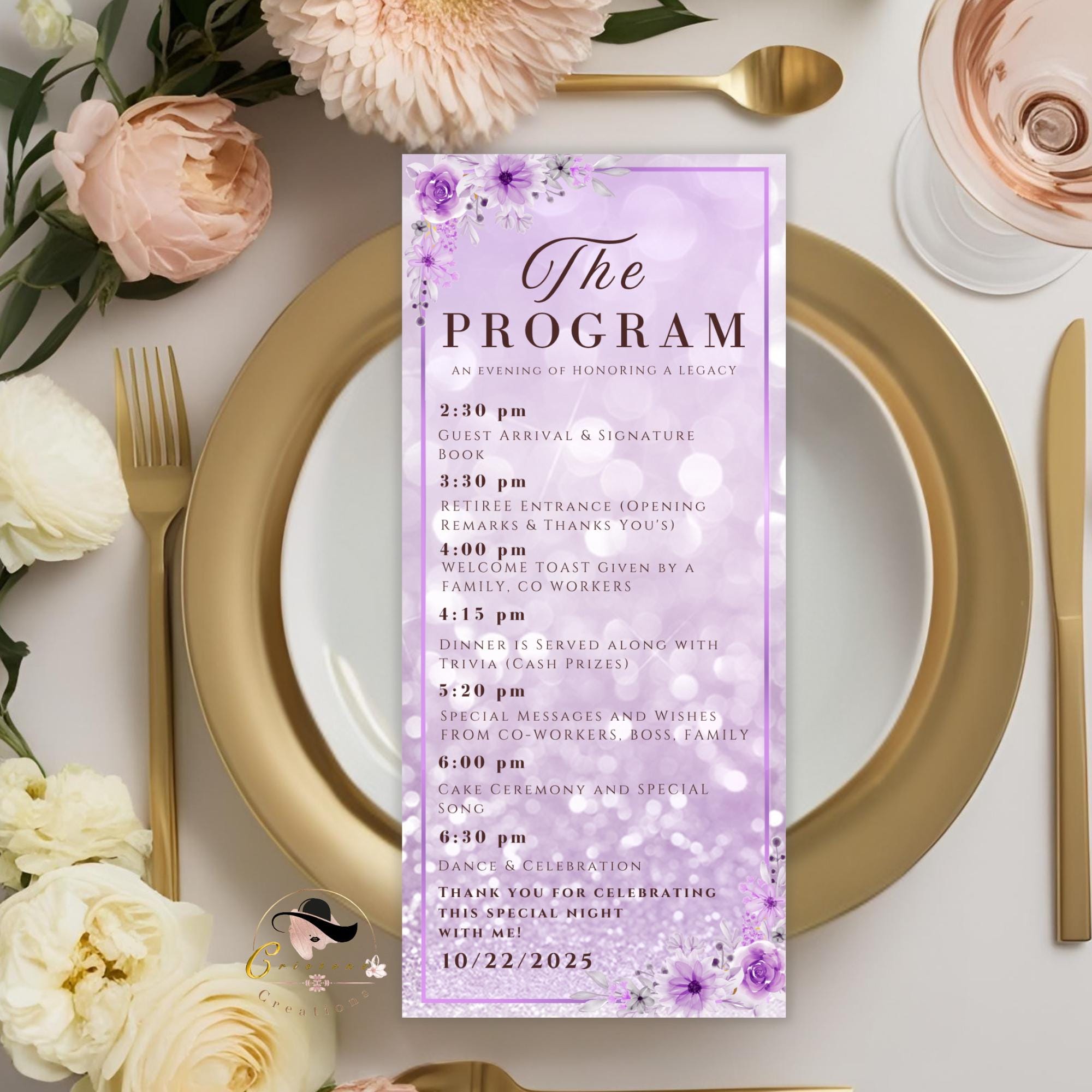 Retirement Program Template Purple program card printable Birthday party program with picture, Elegant Anniversary programme Event schedule