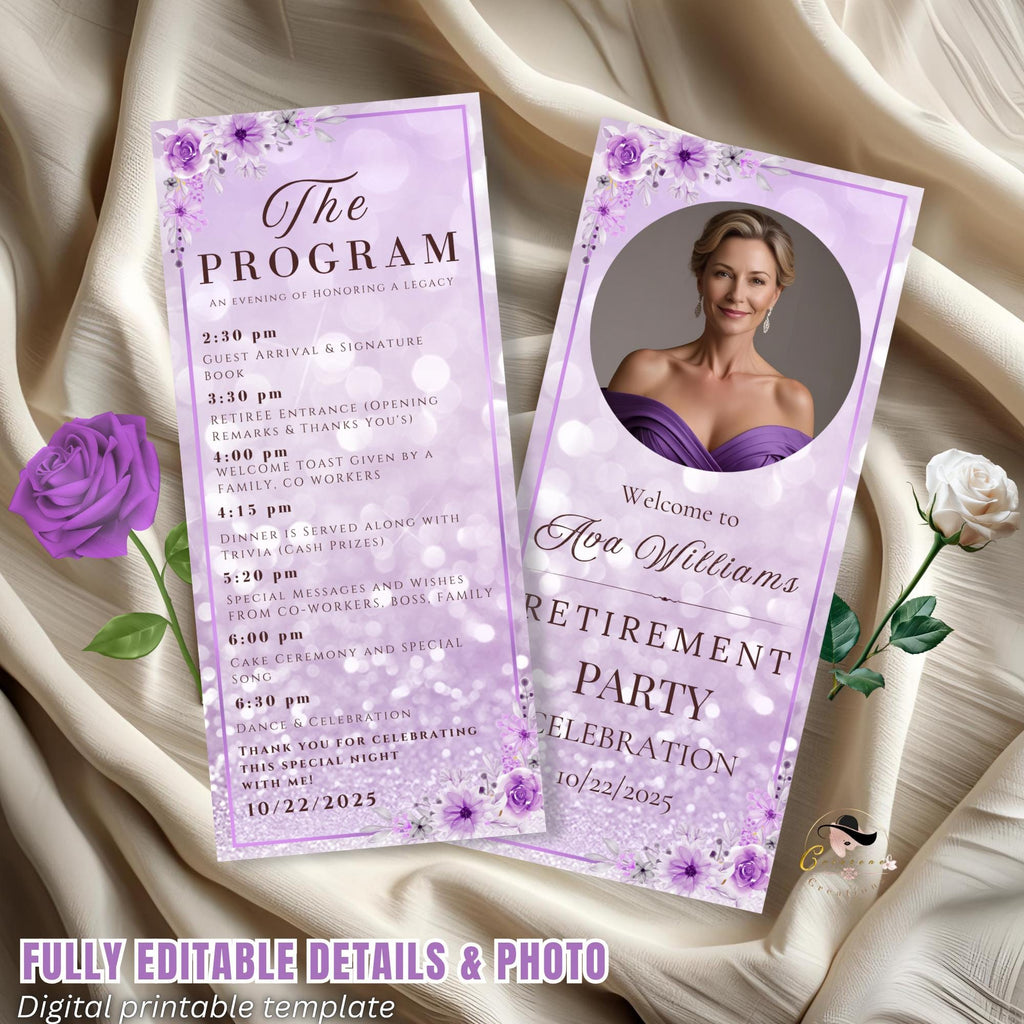 Retirement Program Template Purple program card printable Birthday party program with picture, Elegant Anniversary programme Event schedule