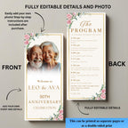 Golden Anniversary Program Template 50th Wedding Anniversary program card printable Birthday party program with picture White gold Program