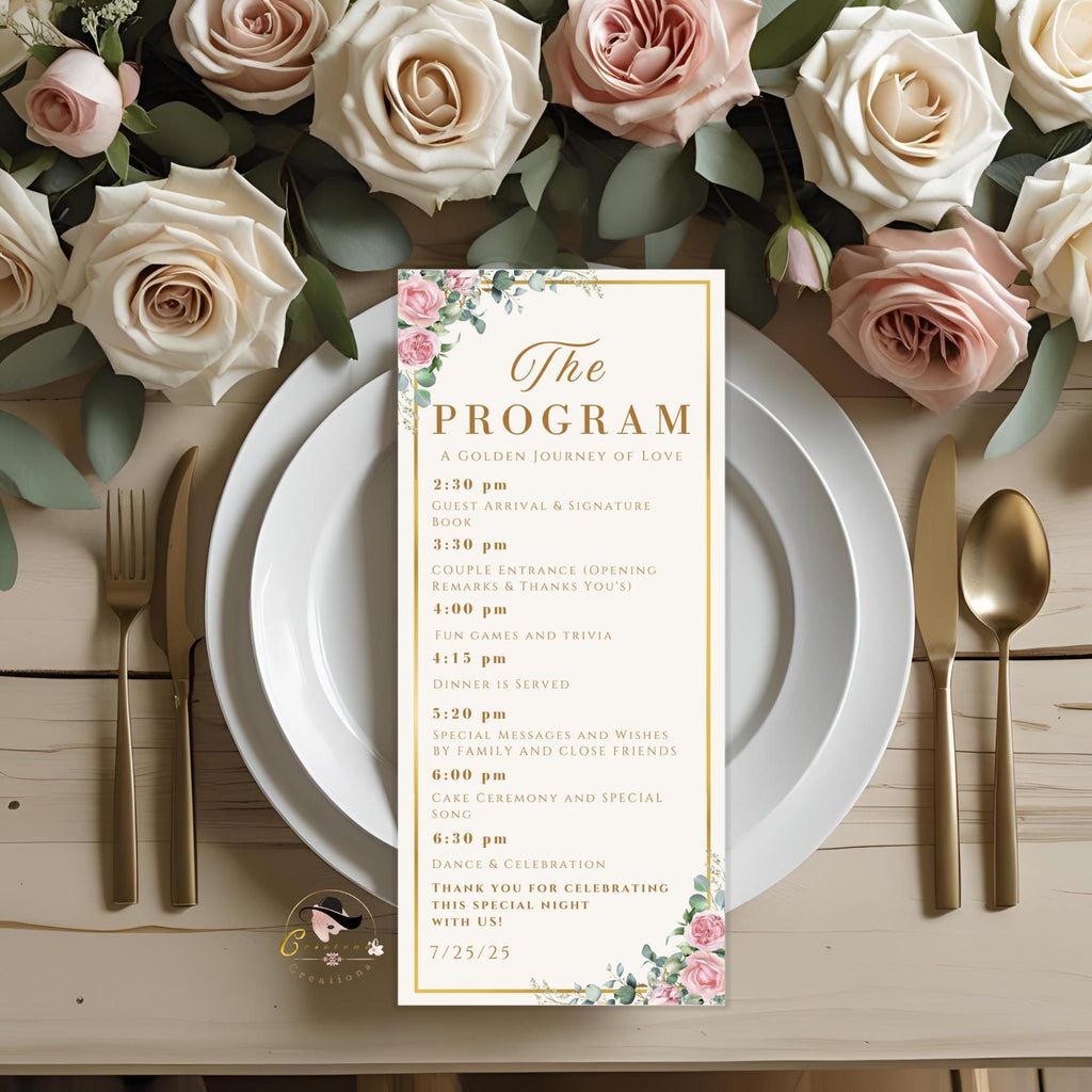 Golden Anniversary Program Template 50th Wedding Anniversary program card printable Birthday party program with picture White gold Program