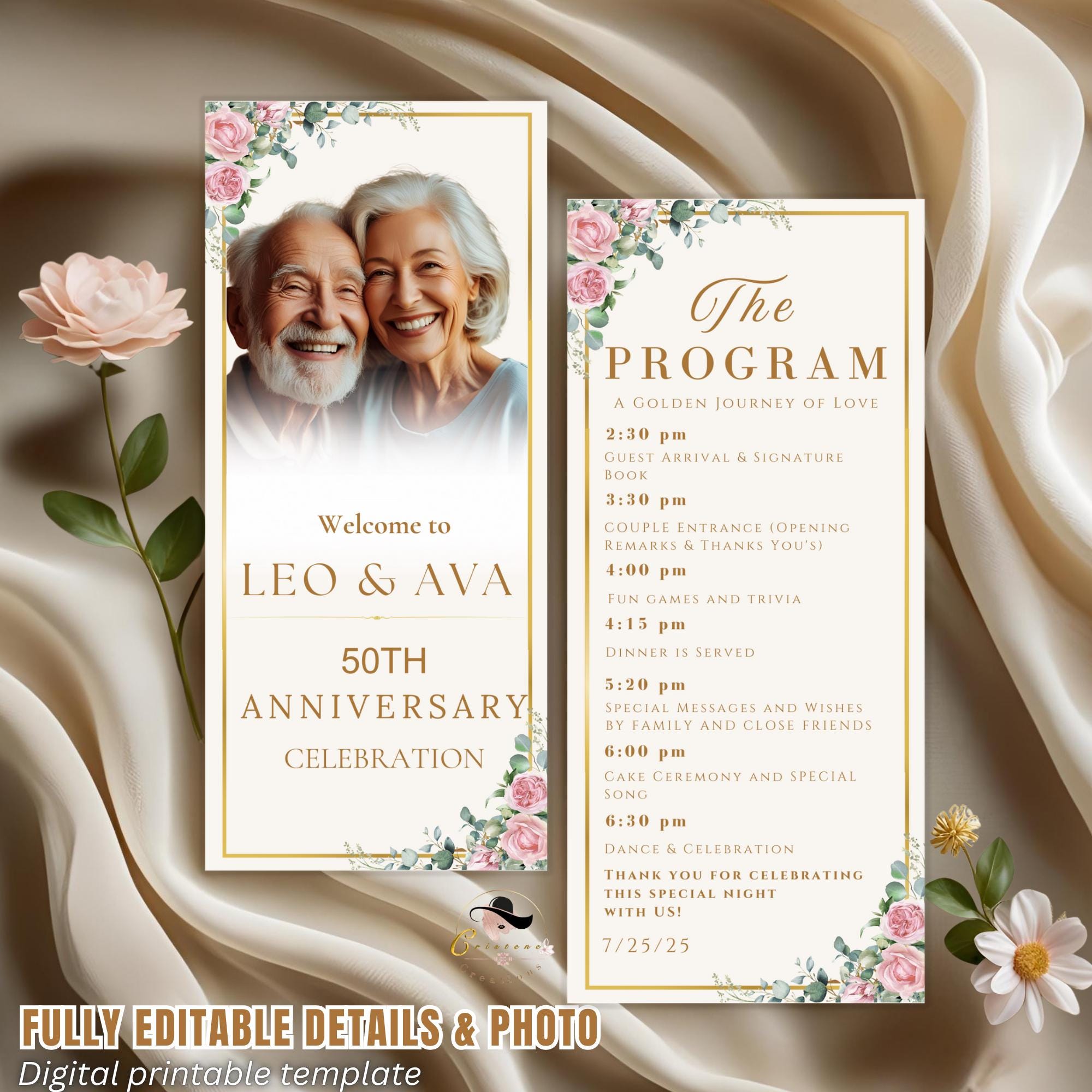 Golden Anniversary Program Template 50th Wedding Anniversary program card printable Birthday party program with picture White gold Program