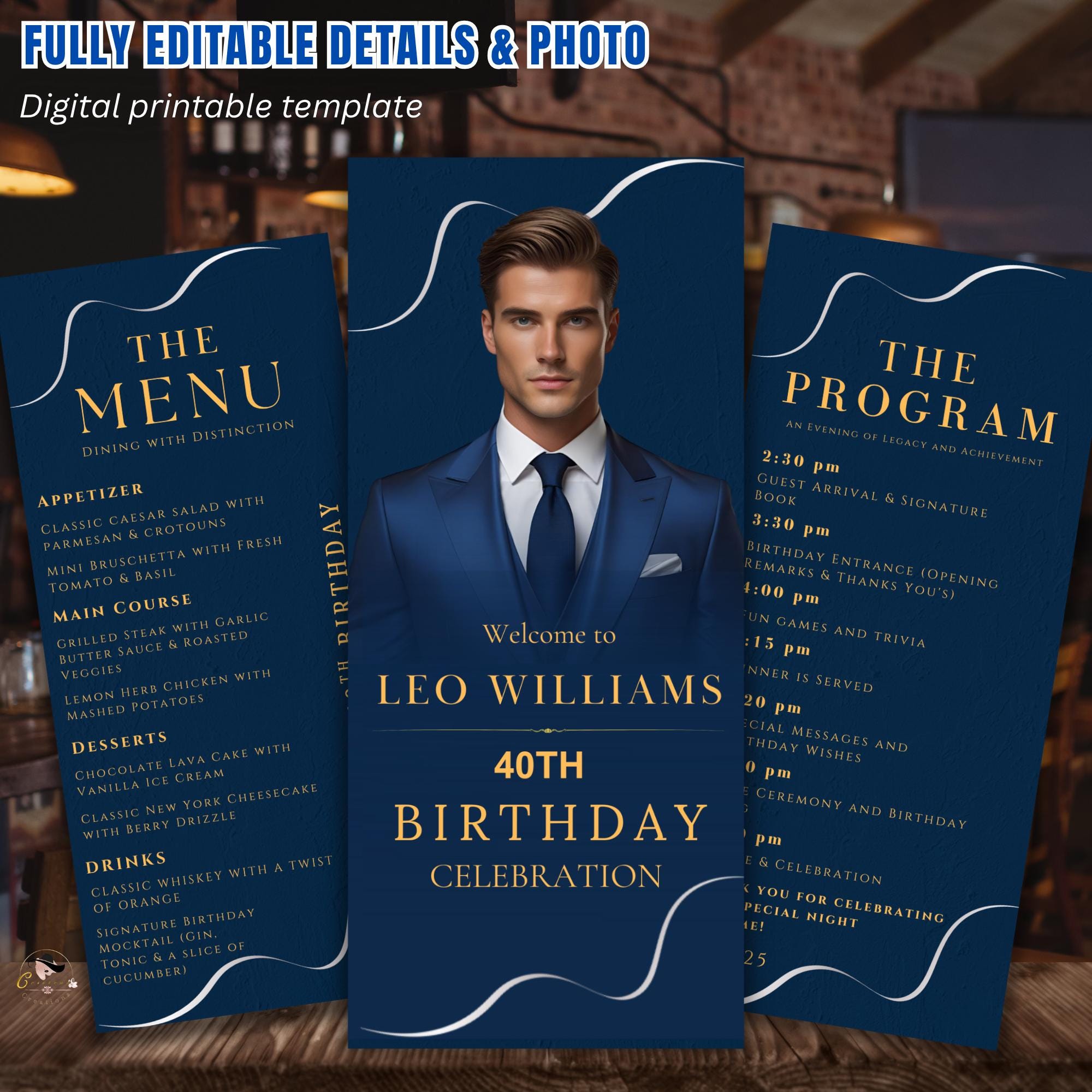 Men Birthday Menu and Program template, Navy Blue Menu card printable Dinner food menu Bachelor party menu Boy whiskey menu, Event Programme