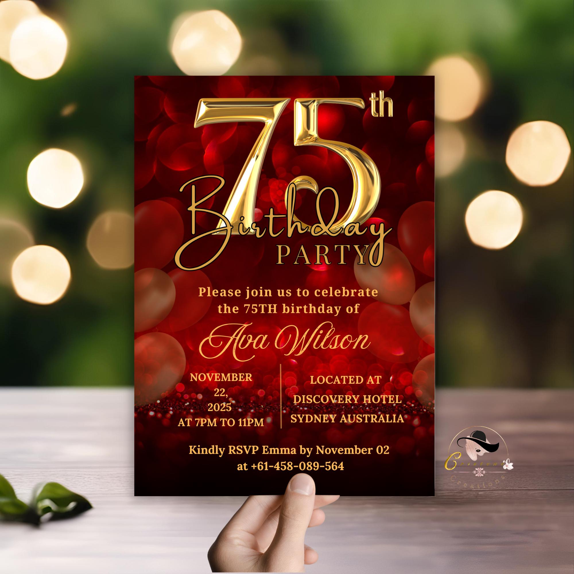 Digital 75th birthday invitation woman Red gold 75th birthday party for 75 year old wife Printable card 75th birthday invites afternoon tea