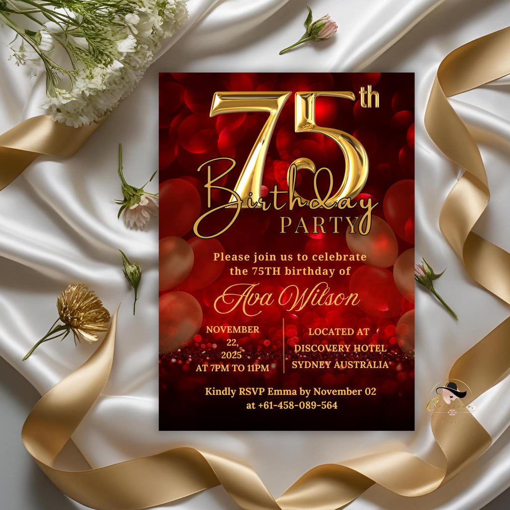 Digital 75th birthday invitation woman Red gold 75th birthday party for 75 year old wife Printable card 75th birthday invites afternoon tea